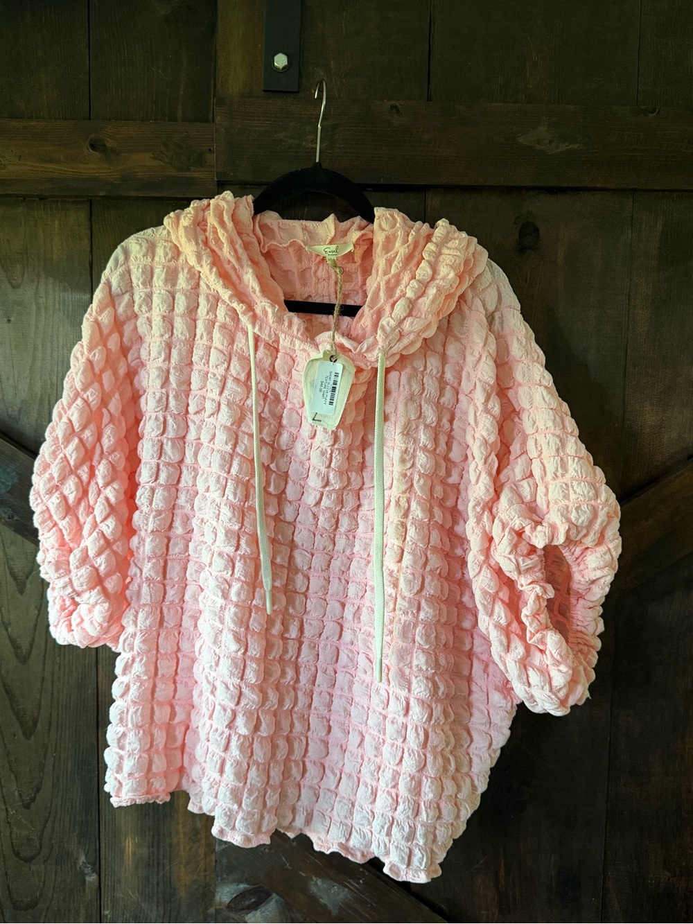 Easle Pink Bubble-Texture Lightweight Summer Hoodie with Drawstring